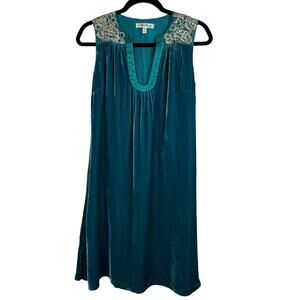 Beth Bowley Velvet Silk Embroidered Embellished Teal Silk Lined Mini Dress Sz 4